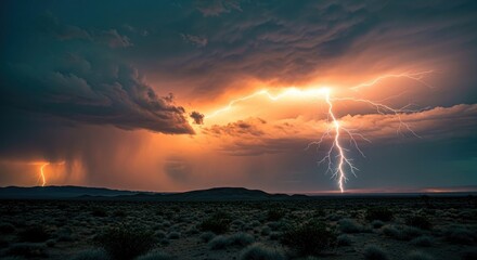 Dramatic and intense storm with vibrant lightning strikes illuminating a dark, cloudy sky over a desolate landscape