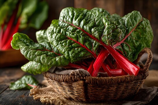 Bundle of fresh Swiss chard with vibrant red stems and deep green crinkled leaves rests in wicker basket against rustic wood background.