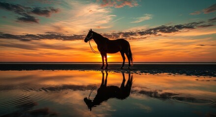Majestic horse silhouette on a tranquil beach at sunset, with a stunning reflection in the calm water