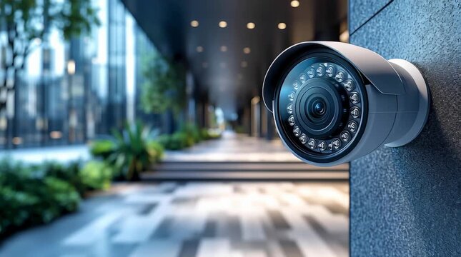 A video surveillance camera installed at the entrance to an office building/residential complex. The concept of security, access control, property protection, and a smart building.	