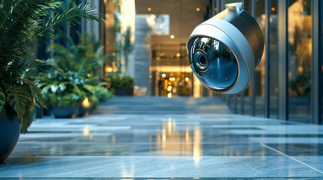 A video surveillance camera installed at the entrance to an office building/residential complex. The concept of security, access control, property protection, and a smart building.	