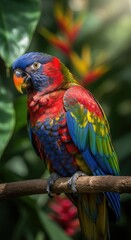Vibrant Lorikeet Parrot Perched on a Branch Surrounded by Lush Tropical Foliage
