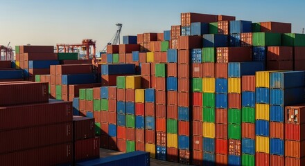 Vast array of colorful shipping containers stacked high at a logistics port, representing global trade and transportation