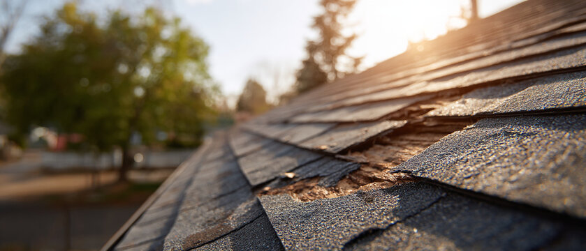 A close-up view of a damaged roof with missing shingles and worn-out roofing material in the sun