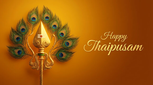 Sacred golden vel spear decorated with peacock feathers on a yellow background for thaipusam festival greeting dedicated to the divine protection of lord murugan always