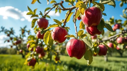 Obraz premium A lush apple tree laden with ripe red apples in a serene orchard on a sunny day