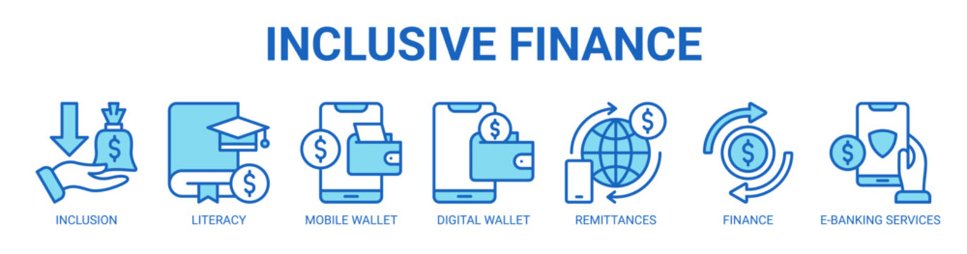 Inclusive Finance web banner icon vector illustration concept with icon of financial inclusion, literacy, mobile wallet app, digital wallet, remittances, sustainable finance, and e-banking services.