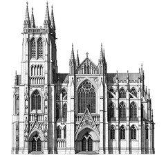 Fototapeta premium Detailed Architectural Sketch of a Gothic Cathedral, Background Removal for Design