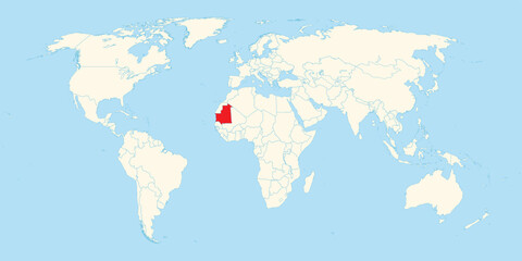 World map illustration with Mauritania territory highlighted in red on cream and blue background isolated © Amir