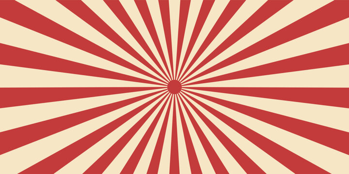Red sunburst lines on yellow Background. Light sun rays pattern. Vintage stripes halftone radial wallpaper for poster, banner, advertising backdrop, comic or circus scene.