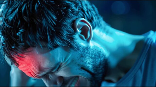 A young man holds his head and winces in severe pain, with a red light on his forehead, indicating a migraine, headache, and stress.	