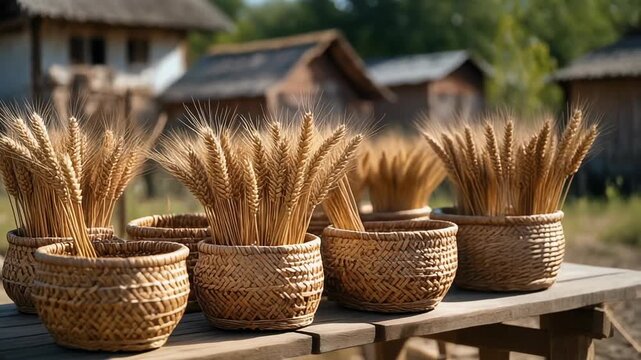 Rustic scene displaying woven baskets filled with wheat stalks. The foreground highlights the texture. Village homes are visible in the background. Sunshine illuminates the landscape