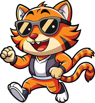 Cool running tiger mascot logo flat design vector illustration