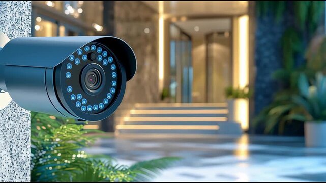 The video surveillance camera is installed outside a private house. The concept of home security, smart home, territory control, and private property protection.