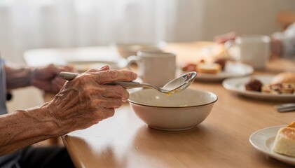 Staff member supporting elderly hand holding curved spoon over bowl utensil sharply captured amid outoffocus breakfast table elements.