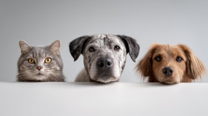Three domestic animals, a grey tabby cat and two dogs, looking directly at the camera while peeking up from behind a white surface, representing friendship and companionship