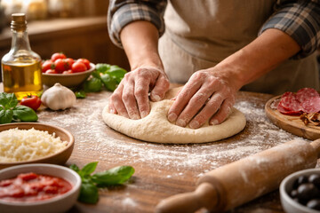 Fototapeta premium preparing pizza on a wooden board, kneading