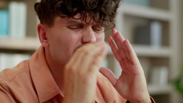 Portrait Caucasian business man feeling headache pain head migraine businessman feel ache suffering blood tension pressure stress unhappy male guy employer overload overworked entrepreneur in office