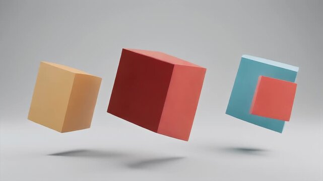 Three colorful, floating geometric cube shapes against a gray background. Soft light and shadows create a minimalist composition