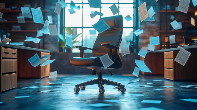 An office chair stands in the middle of an office, with sheets of paper flying around it in a chaotic manner, creating a sense of disorder and stress; the concept of burnout, quitting a job.