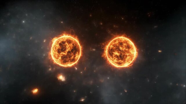 Two burning suns collide in a fiery, nebulous space, with scattered stardust and galaxies adding depth to the cosmic scene
