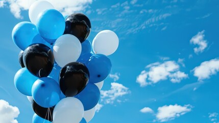 Independence day celebration with estonian flag colored balloons in blue sky. Horizontal banner. Copy space. Blue, black and white balloon in the sky