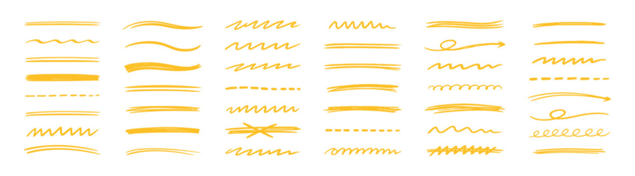 Yellow hand drawn underline strokes and wavy highlight lines, marker and brush doodle vector elements collection isolated on transparent background