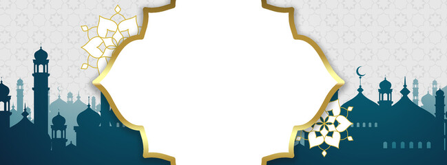 Elegant Islamic Ornamental Frame with Mosque Silhouette for Ramadan and Eid Design Use