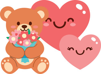 Fototapeta premium Adorable teddy bear with a bouquet of flowers and smiling hearts, perfect for Valentine's Day or any romantic occasion