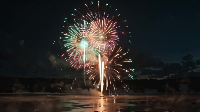 Spectacular multi-colored fireworks exploding above a tranquil waterfront at night