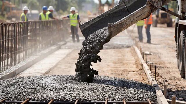 Construction workers pouring concrete on a road construction site from a truck's chute