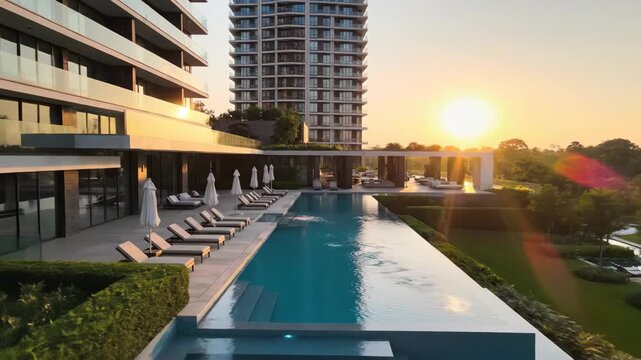 Luxury residential complex with infinity pool at sunrise