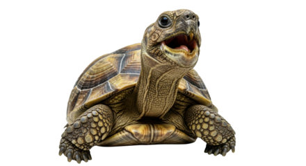 白い背景に口を開けている茶色の陸ガメの正面ショット