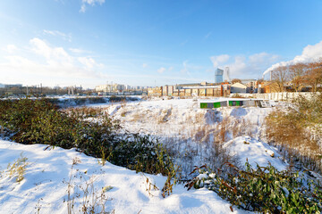 Snow on a construction site and industrial wasteland in Paris suburb. Ivry sur Seine city 