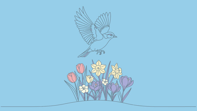 Bird Flying Over Colorful Flowers Illustration.