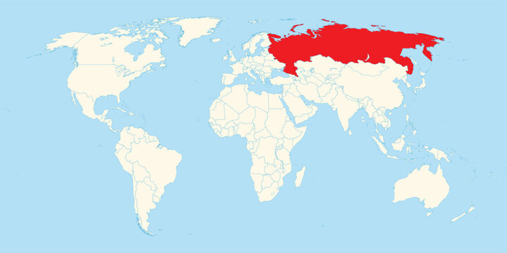 Russia territory highlighted in red on a minimalist world map for geographical and educational purposes