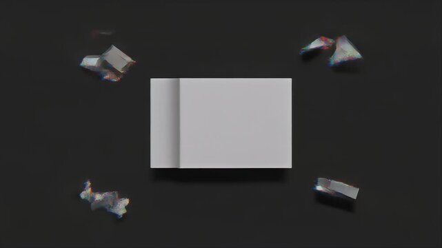A blank paper booklet lies open on a dark surface, surrounded by four abstract, fragmented colorful shapes. Simple and clean
