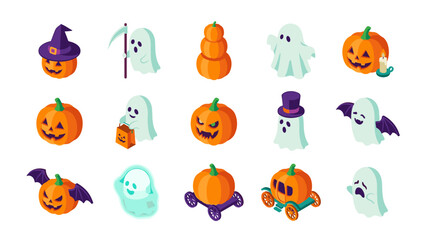 Halloween icons set. Isometric 3d vector. Pumpkin jack o lantern. Spooky ghost. Trick or treat. October celebration. Autumn festival. Grim reaper. Bat wings. Carriage. Wizard hat.