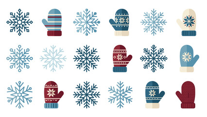 Fototapeta premium Winter snowflake mitten icon set. Knitted gloves. Nordic pattern. Christmas holiday. Season frost symbols. Flat vector. Cold weather. Festive decoration. Geometric shape
