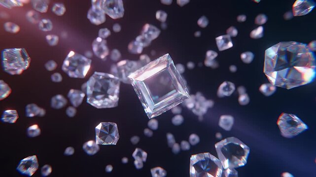 A captivating image featuring floating, multi-faceted crystal formations with striking light refraction. Various sizes of crystals are scattered in a dark space