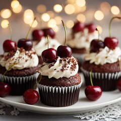 Sumptuous Chocolate Cupcakes with Fresh Cherries and Whipped Cream