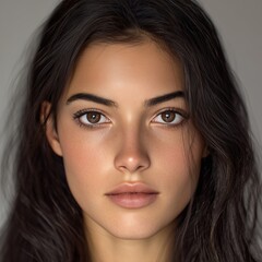 Serene Close-Up Portrait of a Woman with Natural Makeup and Soft Lighting