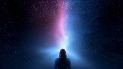 Fototapeta premium Silhouette einer Person vor einem leuchtenden vertikalen Lichtstrahl in kosmischer Umgebung