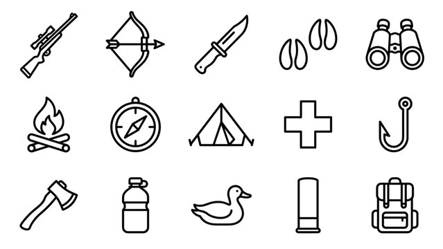 Hunting and outdoor survival line icons set. Camping adventure equipment symbols. Wilderness gear vector. Rifle bow knife tent fire compass. Hiking scouting elements. Minimalist sign