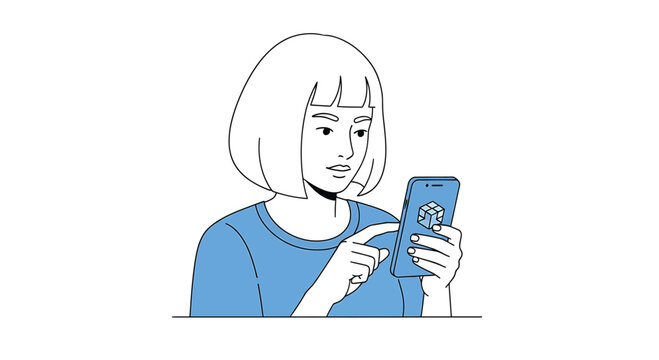 Young Woman Using Smartphone with PopSocket, Focused Expression, Line Art Illustration
