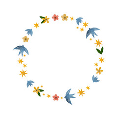 Floral spring and summer greeting card hand drawn layout. Decorative round frame with spring season birds, stars and flowers. Summer cartoon illustration with text space.