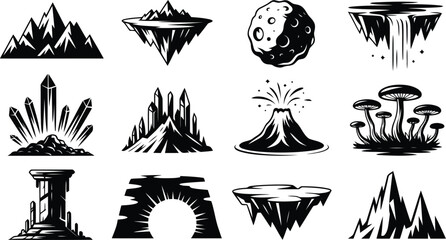 Fototapeta premium Diverse collection of mythical black silhouette landscape icons including mountains, floating islands, volcanoes, and ancient structures