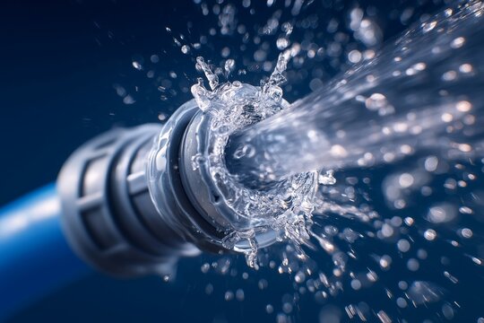 Blauer Wasserschlauch mit Wasserstrahl vor dunklem Hintergrund in Nahaufnahme