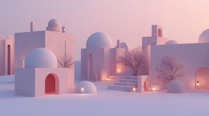 Pastel architectural miniatures with soft lighting and copy space