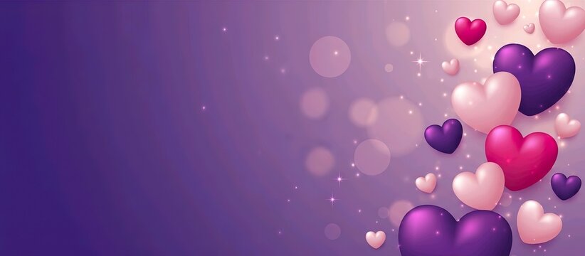 Elegant Valentine's banner with floating purple hearts and bokeh lights